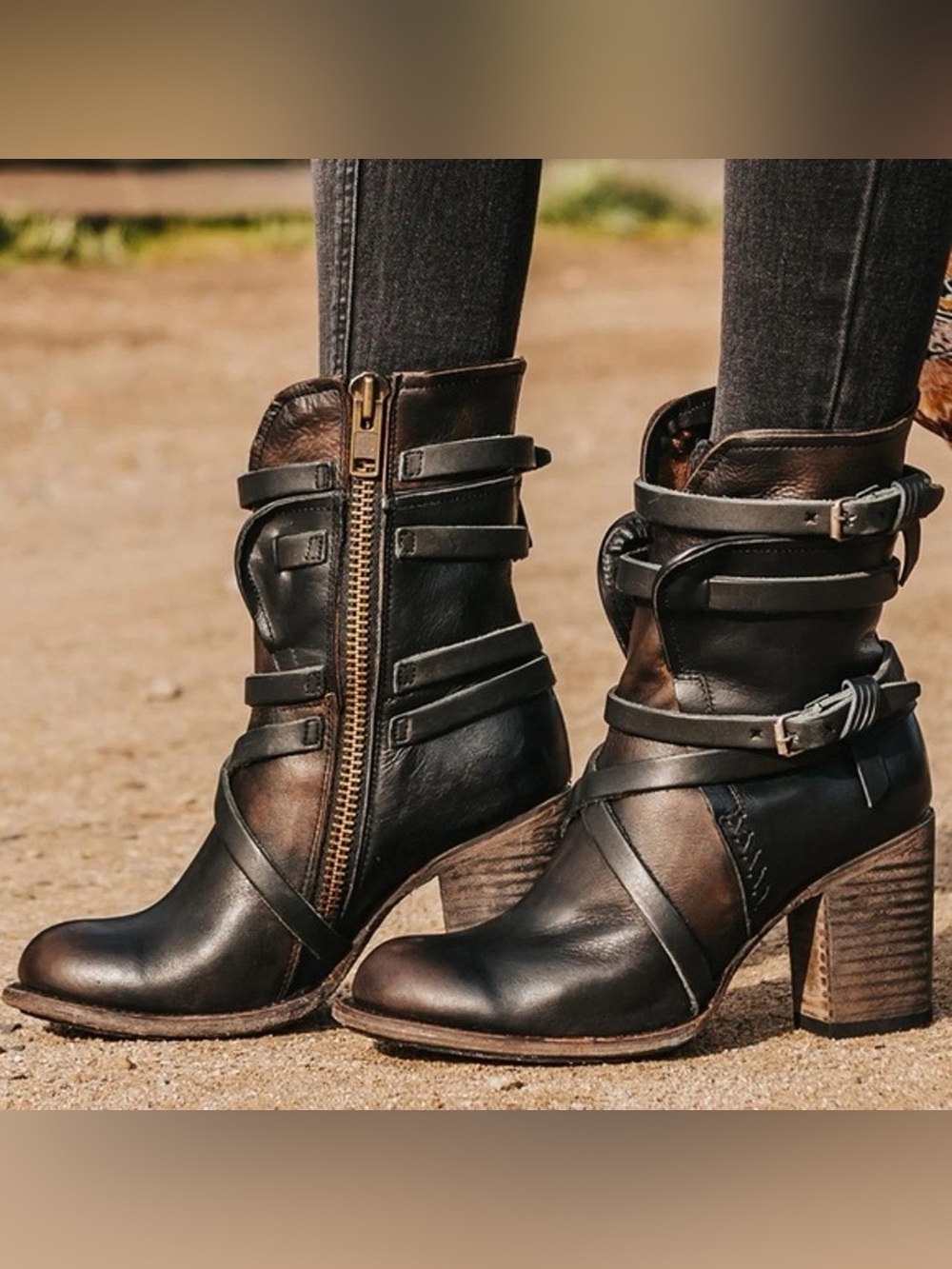 Freebird Baker Black Leather Strap Zip Boots Size 8